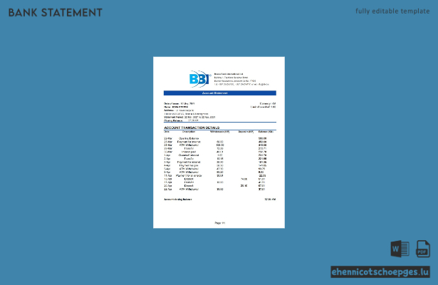 Bosnien und Herzegowina – Bosna Bank International – Beispiel-Excel-Kontoauszug (Vorschau)